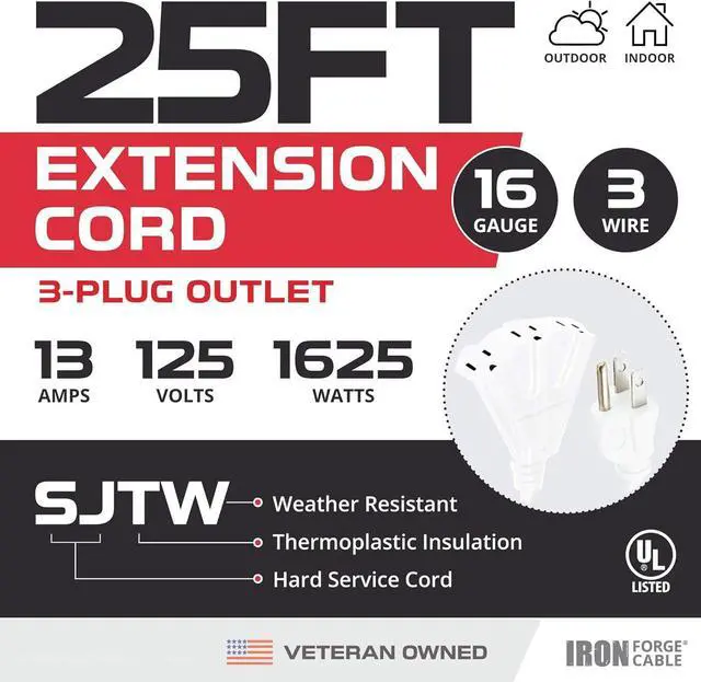 Alt view image 2 of 7 - Iron Forge Cable 3 Outlet White Extension Cord 25 ft, 16/3 SJTW Indoor & Outdoor Heavy Duty 3 Prong Extension Cord with Multiple Outlets, Weatherproof Power Cable for Outside, Lawn, Home & Office