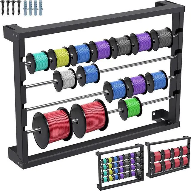 Main image of SELEWARE Heavy Duty Wall-Mounted Wire Spool Rack Cable Reel Holder and Dispenser with 4 Adjustable Stainless Steel Rods for Industrial, Electrical, and Retail Storage and Display (Black)