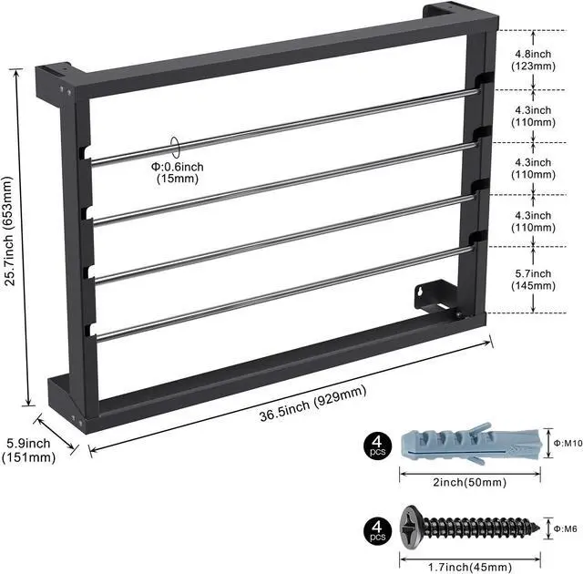 Alt view image 7 of 7 - SELEWARE Heavy Duty Wall-Mounted Wire Spool Rack Cable Reel Holder and Dispenser with 4 Adjustable Stainless Steel Rods for Industrial, Electrical, and Retail Storage and Display (Black)