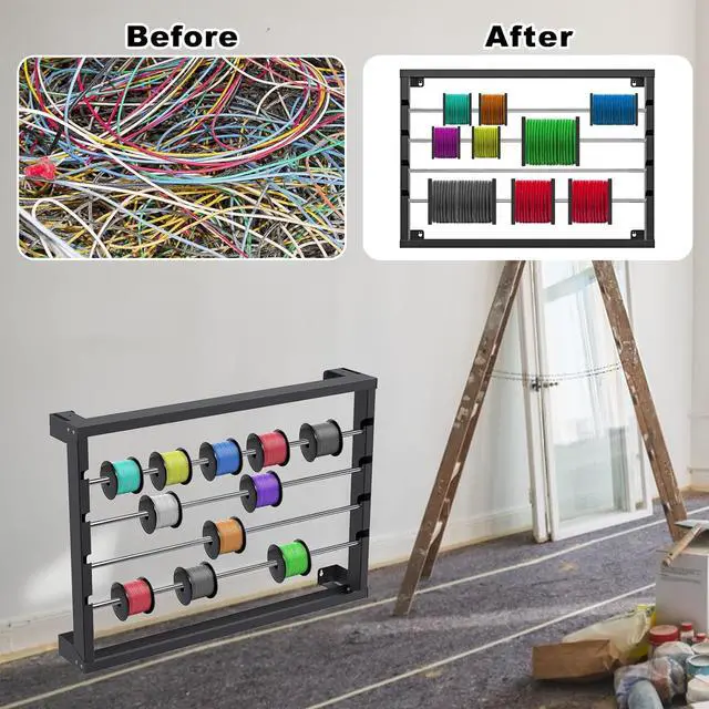 Alt view image 5 of 7 - SELEWARE Heavy Duty Wall-Mounted Wire Spool Rack Cable Reel Holder and Dispenser with 4 Adjustable Stainless Steel Rods for Industrial, Electrical, and Retail Storage and Display (Black)