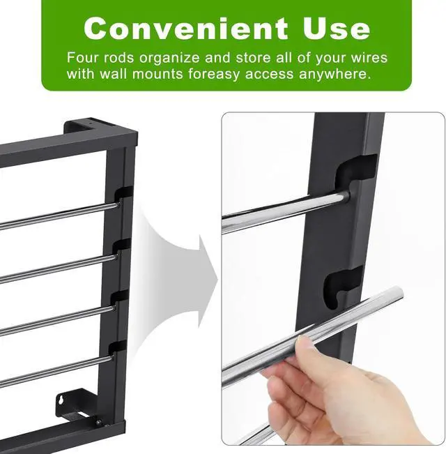 Alt view image 4 of 7 - SELEWARE Heavy Duty Wall-Mounted Wire Spool Rack Cable Reel Holder and Dispenser with 4 Adjustable Stainless Steel Rods for Industrial, Electrical, and Retail Storage and Display (Black)