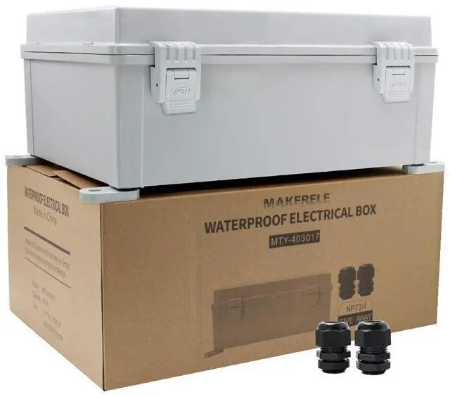 Main image of MAKERELE Outdoor electrical Box Weatherproof Includes Internal Mounting Panel 15.7"*11.8"*6.7" (400 * 300 * 170mm) Large Project Box For Electronics Hinged Cover Plastic Clip With 2 NPT 3/4 Glands