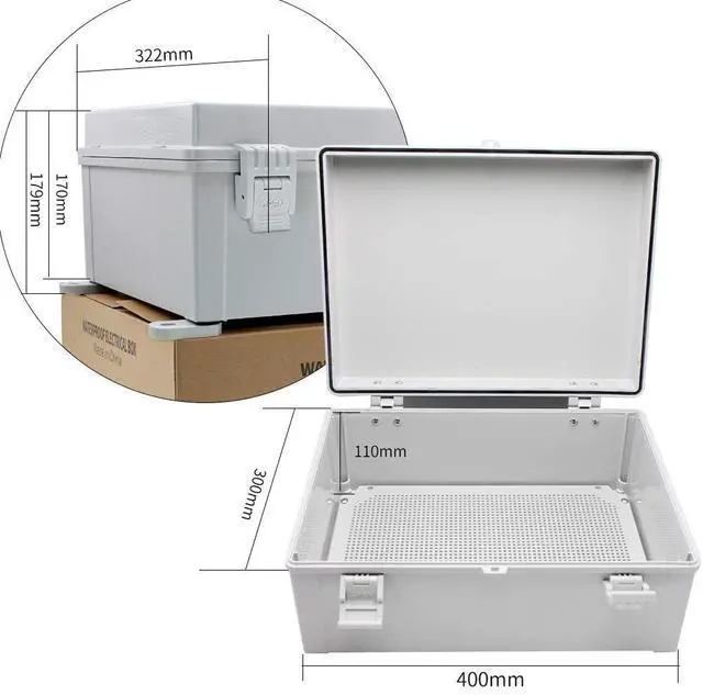 Alt view image 2 of 7 - MAKERELE Outdoor electrical Box Weatherproof Includes Internal Mounting Panel 15.7"*11.8"*6.7" (400 * 300 * 170mm) Large Project Box For Electronics Hinged Cover Plastic Clip With 2 NPT 3/4 Glands