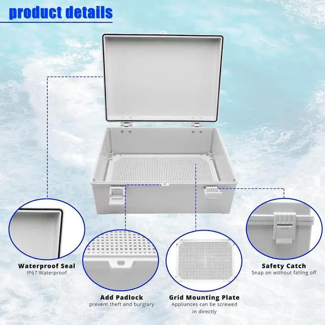 Alt view image 4 of 7 - MAKERELE Outdoor electrical Box Weatherproof Includes Internal Mounting Panel 15.7"*11.8"*6.7" (400 * 300 * 170mm) Large Project Box For Electronics Hinged Cover Plastic Clip With 2 NPT 3/4 Glands