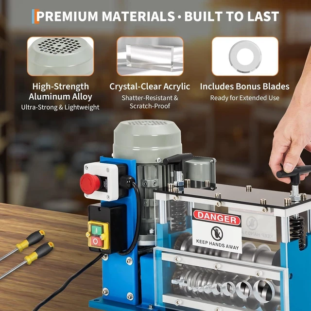 Alt view image 6 of 7 - Automatic Wire Stripper Machine, 0.06"-1.5" Capacity 88 ft/Min, 370W 10 Channels 10 Blades with Manual Hand Crank, Industrial Copper Wire Recycling Equipment