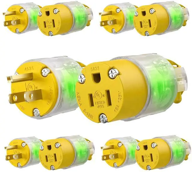 Main image of 5 Set Lighted Extension Cord Ends, 15A 125V Extension Cord Replacement Ends 3 Prong, NEMA 5-15P & 5-15R , Lighted Plug and Connector Set for RV, Welding Equipment, UL Listed, Yellow