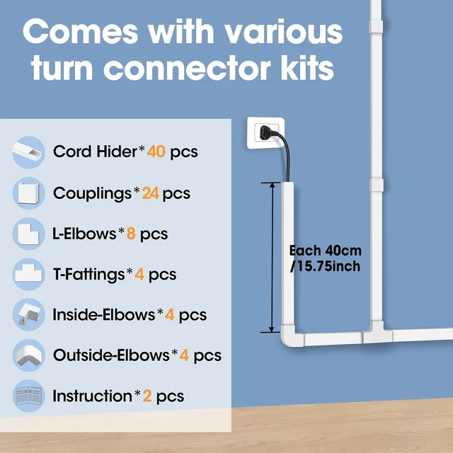 Alt view image 4 of 7 - 630in Cord Hider Kit, Cord Covers for Wires on Wall, Cord Hider for Wall Mount tv, tv Cable Hider Wall kit, Paintable Cable Raceway, Wire Covers for Cords, 40X L15.7in X W0.59in X H0.4in, White