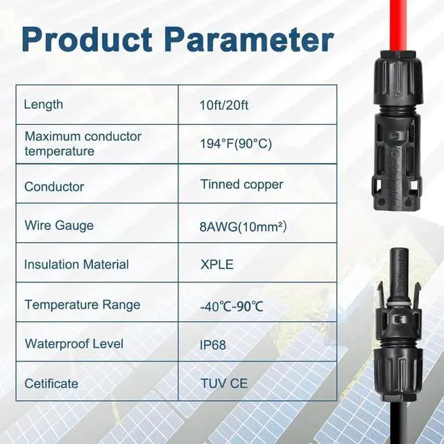 Alt view image 6 of 7 - 8AWG Solar Panel Extension Cable 30Feet, 1500V Solar Cable Extension with IP68 Male and Female Connectors, for RV, Boat, Solar Panels, Car (30FT Red + 30FT Black)