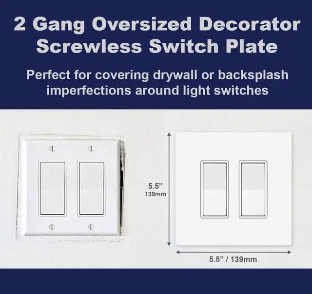 Alt view image 2 of 7 - Art Plates - OVERSIZED Screwless Switch Plate - 5.5" x 5.5" - Jumbo 2 Gang Decorator GFCI Style - Unbreakable Polycarbonate - Two Gang Screwless Light Switch Cover Plate - Glossy White (5 Pack)