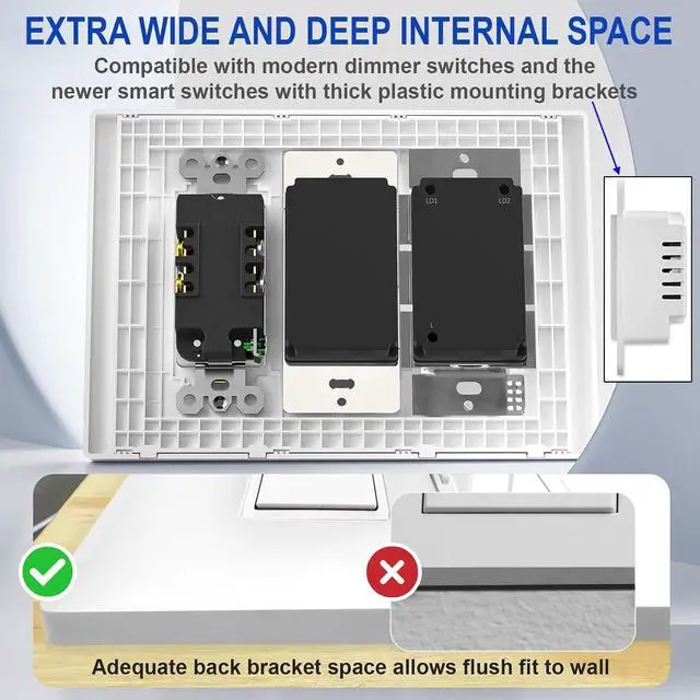 Alt view image 4 of 7 - Art Plates - OVERSIZED Screwless Switch Plate - 5.5" x 5.5" - Jumbo 2 Gang Decorator GFCI Style - Unbreakable Polycarbonate - Two Gang Screwless Light Switch Cover Plate - Glossy White (5 Pack)