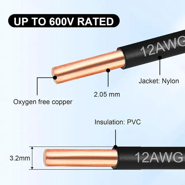 Alt view image 2 of 7 - THHN Wire 12 Gauge 100 FT, 12 AWG Solid OFC Copper Electrical Building Wire with Nylon Jacket PVC Insulation, Rated 600V for Residential, Industrial, CNC, Ground (12 Gauge, Black)