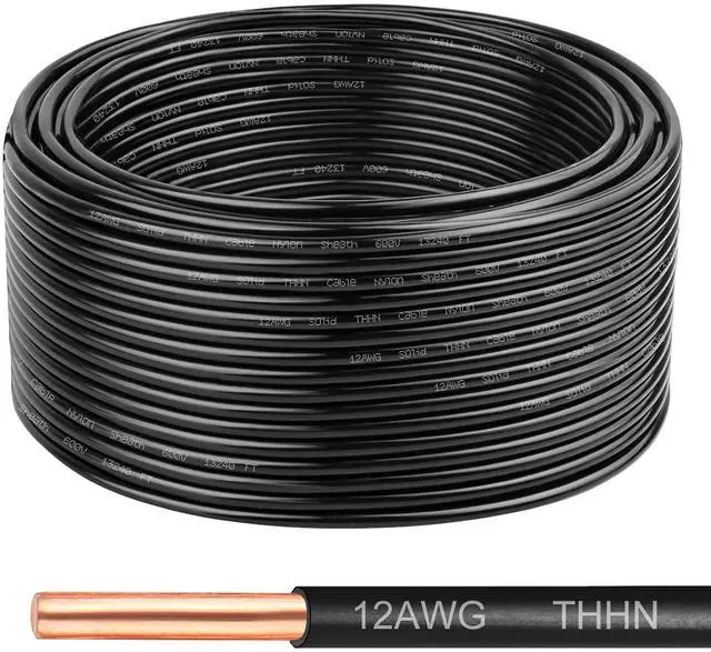 Main image of THHN Wire 12 Gauge 100 FT, 12 AWG Solid OFC Copper Electrical Building Wire with Nylon Jacket PVC Insulation, Rated 600V for Residential, Industrial, CNC, Ground (12 Gauge, Black)