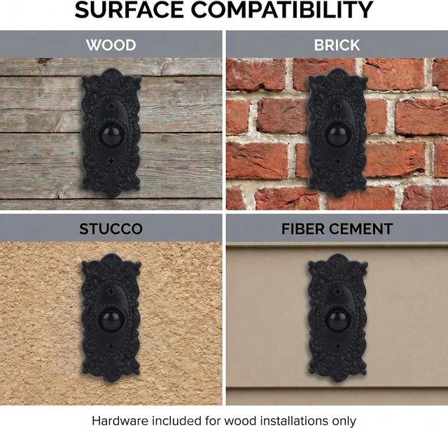 Alt view image 7 of 7 - A29 Wired Iron Doorbell Chime Push Button Vintage in Black Powder Coat Finish Vintage Decorative Door Bell with Easy Installation, 3 3/8''X 1 5/8"