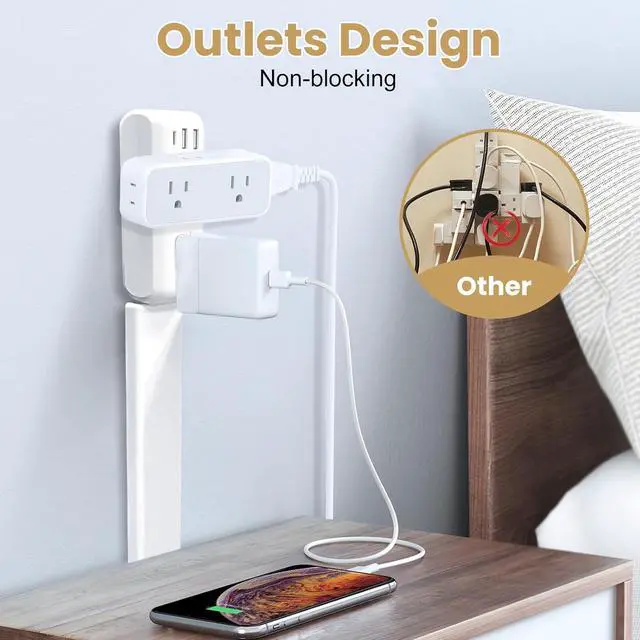 Alt view image 6 of 7 - 180° Rotating Plug Outlet Extender with 2 AC Outlets, USB-A & USB-C Ports, 23-35 Inch Extension Cord for Hard to Reach Spaces, Behind Couches, Desks & Nightstands, Power Socket Expander