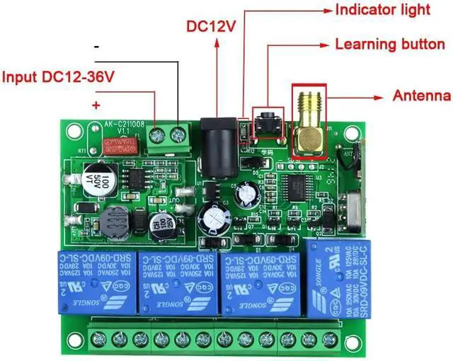 Alt view image 2 of 6 - DC 12V 24V 36V Wireless Remote Control Switch 433Mhz 4CH Remote Relay Receiver with 2 Transmitters Use for Wireless Control and More