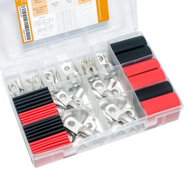 Main image of 100PCS AWG Gauge 8 6 4 2 Tinned Copper Wire Lugs Ring Terminals Heavy Duty Closed-End Electrical Cable Battery Terminal Connectors with Heat Shrink Tubings Assortment Kit, DCL50A