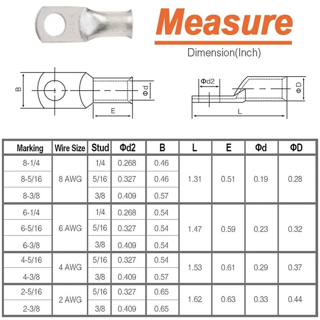 Alt view image 6 of 7 - 100PCS AWG Gauge 8 6 4 2 Tinned Copper Wire Lugs Ring Terminals Heavy Duty Closed-End Electrical Cable Battery Terminal Connectors with Heat Shrink Tubings Assortment Kit, DCL50A