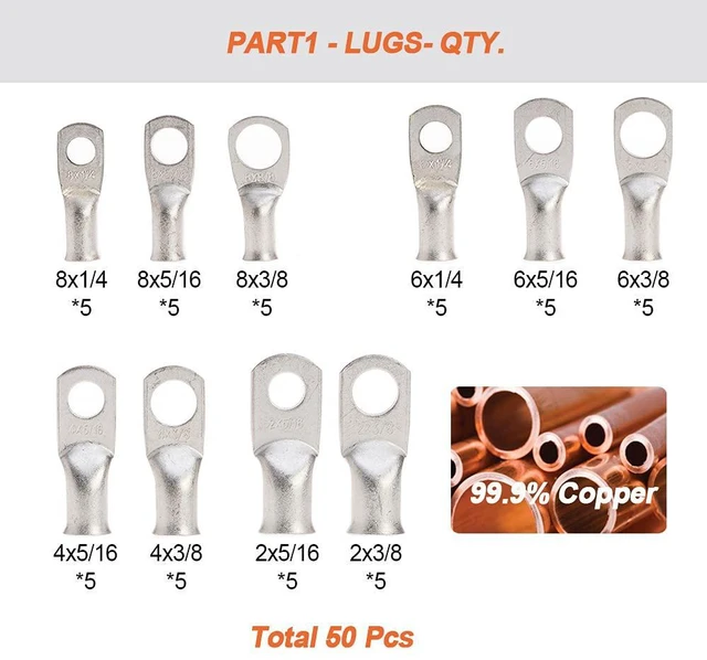 Alt view image 3 of 7 - 100PCS AWG Gauge 8 6 4 2 Tinned Copper Wire Lugs Ring Terminals Heavy Duty Closed-End Electrical Cable Battery Terminal Connectors with Heat Shrink Tubings Assortment Kit, DCL50A