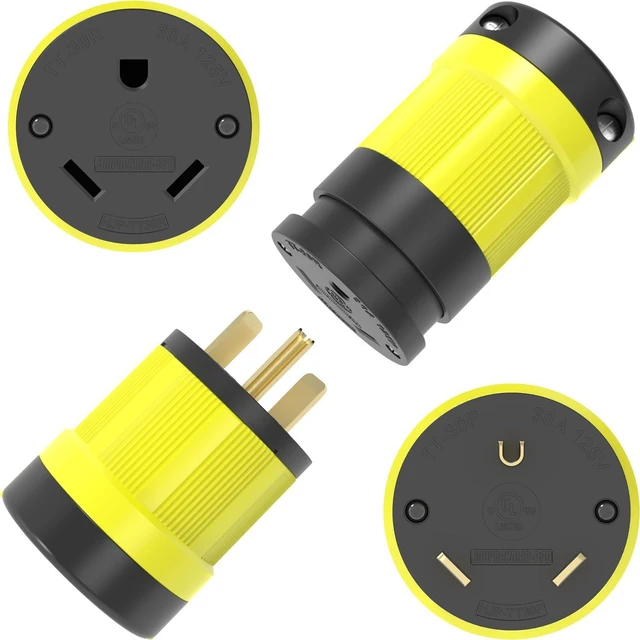 Main image of Journeyman-Pro NEMA TT-30P - 30 Amp 125 Volt Straight Blade Male RV Plug, 30 Amp Replacement, Camper and Trailer Plug Connector, 3750W Nylon Industrial Grade Grounding, cUL Listed Combo YLW