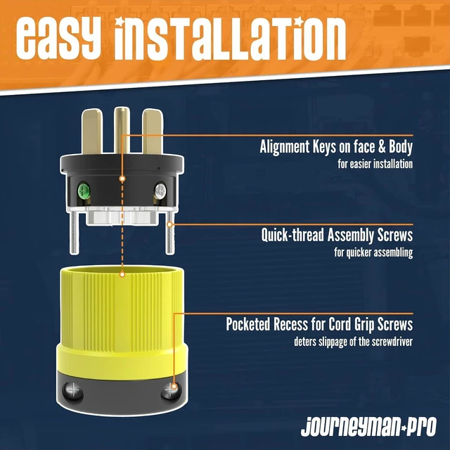 Alt view image 3 of 7 - Journeyman-Pro NEMA TT-30P - 30 Amp 125 Volt Straight Blade Male RV Plug, 30 Amp Replacement, Camper and Trailer Plug Connector, 3750W Nylon Industrial Grade Grounding, cUL Listed Combo YLW