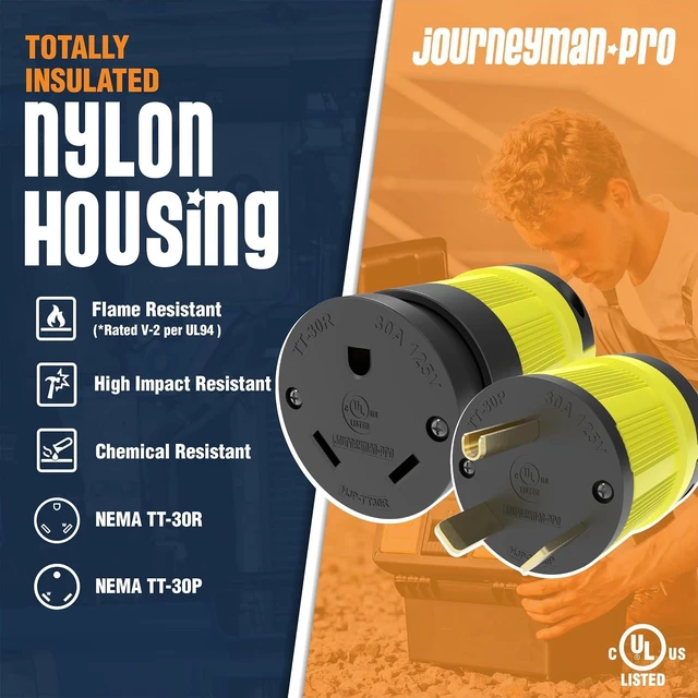 Alt view image 2 of 7 - Journeyman-Pro NEMA TT-30P - 30 Amp 125 Volt Straight Blade Male RV Plug, 30 Amp Replacement, Camper and Trailer Plug Connector, 3750W Nylon Industrial Grade Grounding, cUL Listed Combo YLW