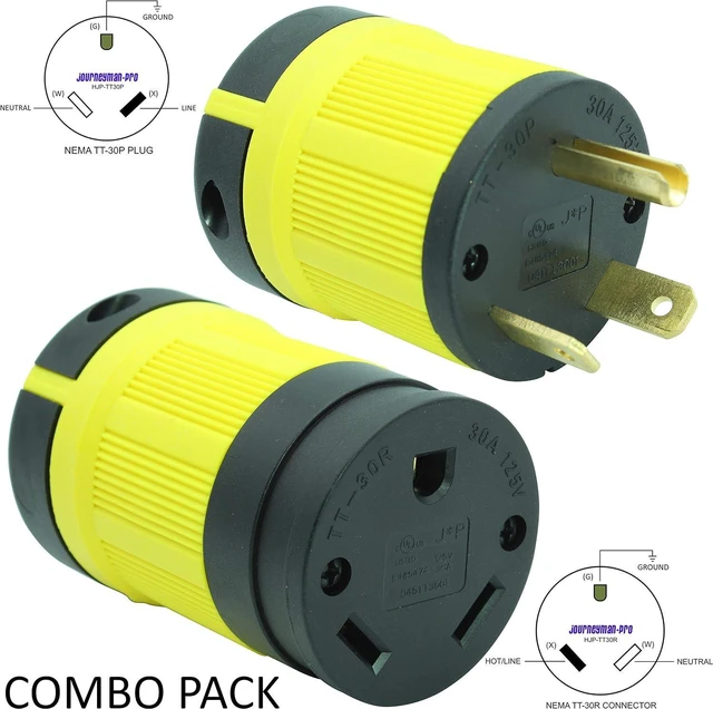 Alt view image 7 of 7 - Journeyman-Pro NEMA TT-30P - 30 Amp 125 Volt Straight Blade Male RV Plug, 30 Amp Replacement, Camper and Trailer Plug Connector, 3750W Nylon Industrial Grade Grounding, cUL Listed Combo YLW