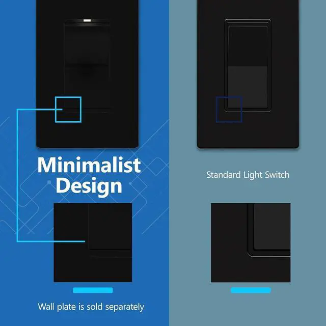 Alt view image 4 of 7 - LIDER Minimalist Design Matte Finish Lighted Decorator Switch, Frameless Paddle Light Switch with Locator Light, Grounding Screw, 3-Way or Single Pole, 15A 120V, UL Listed,LS15-3W-BK10P, Black,10 Pack
