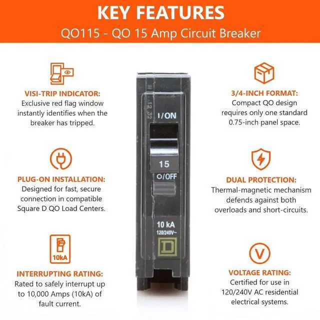 Alt view image 3 of 7 - Square D Qo115 Qo 15 Amp Genuine Circuit Breaker Kit (Pack of 2), Monopolar, 15A, 120V, 10Ka Ic, Plug-In For Load Centers And Qo Panels, Visi-Trip, New For Replacement.