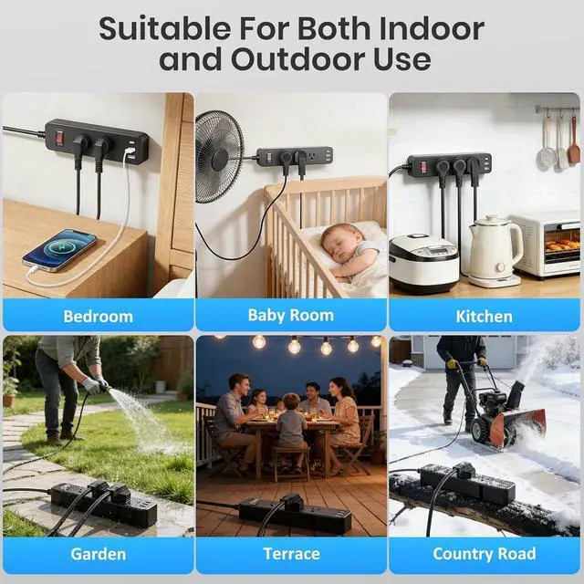 Alt view image 7 of 7 - Outdoor Power Strip Weatherproof, IPX6 Waterproof Surge Protector, Shockproof with 3 Wide Outlet & 3 USB Ports, 6FT Long Extension Cord, Wall Mountable for Outdoor Garden, Patio & Camping (6 FT)
