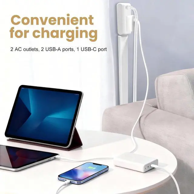 Alt view image 5 of 7 - 180° Rotating Plug Outlet Extender with 2 AC Outlets, USB-A & USB-C Ports, 23-35 Inch Extension Cord for Hard to Reach Spaces, Behind Couches, Desks & Nightstands, Power Socket Expander
