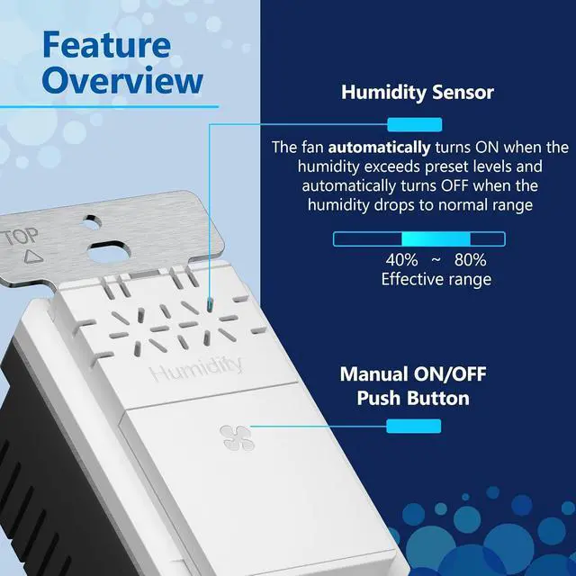 Alt view image 4 of 7 - LIDER No Needed Neutral Wire Humidity Sensor Switch, Automatic Moisture Detection, Air Circulator, Automated Bathroom Fan Control, Adjustable Time, 1 Pole