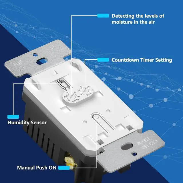 Alt view image 6 of 7 - LIDER No Needed Neutral Wire Humidity Sensor Switch, Automatic Moisture Detection, Air Circulator, Automated Bathroom Fan Control, Adjustable Time, 1 Pole