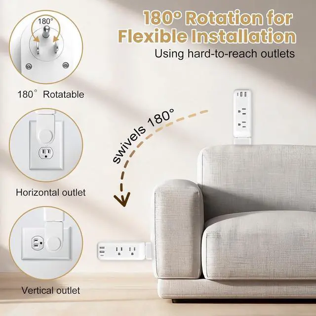 Alt view image 4 of 7 - 180° Rotating Plug Outlet Extender with 2 AC Outlets, USB-A & USB-C Ports, 23-35 Inch Extension Cord for Hard to Reach Spaces, Behind Couches, Desks & Nightstands, Power Socket Expander