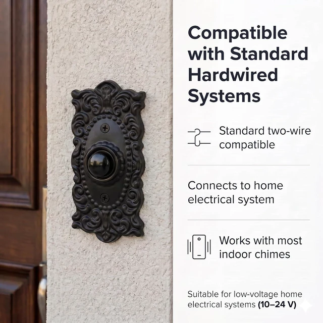 Alt view image 2 of 7 - A29 Wired Iron Doorbell Chime Push Button Vintage in Black Powder Coat Finish Vintage Decorative Door Bell with Easy Installation, 3 3/8''X 1 5/8"