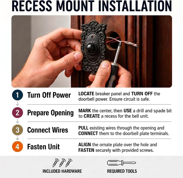Alt view image 3 of 7 - A29 Wired Iron Doorbell Chime Push Button Vintage in Black Powder Coat Finish Vintage Decorative Door Bell with Easy Installation, 3 3/8''X 1 5/8"