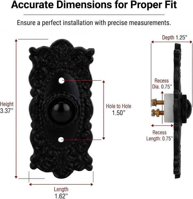 Alt view image 5 of 7 - A29 Wired Iron Doorbell Chime Push Button Vintage in Black Powder Coat Finish Vintage Decorative Door Bell with Easy Installation, 3 3/8''X 1 5/8"
