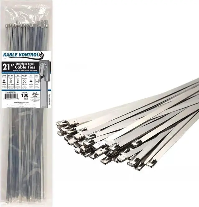 Main image of Kable Kontrol Metal Zip Ties 21 Inch 100 Pcs, 200 Lbs Tensile Strength, Self-Locking Multi-Purpose 304 Stainless Steel Heavy Duty Cable Ties Ideal for Exhaust Wrap, Outdoor and Indoor Use