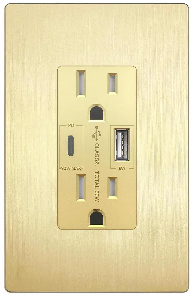 Main image of LIDER USB-C 36W Power Delivery Wall Outlet, Duplex Tamper-Resistant Receptacle with USB Type-C/USB Type-A Charging Ports, Modern, UL Listed, Screwless Wall Plate Included, Brushed Gold