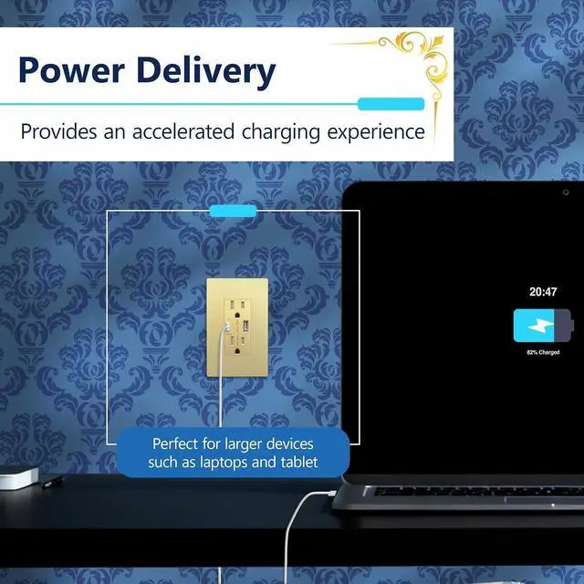 Alt view image 3 of 7 - LIDER USB-C 36W Power Delivery Wall Outlet, Duplex Tamper-Resistant Receptacle with USB Type-C/USB Type-A Charging Ports, Modern, UL Listed, Screwless Wall Plate Included, Brushed Gold