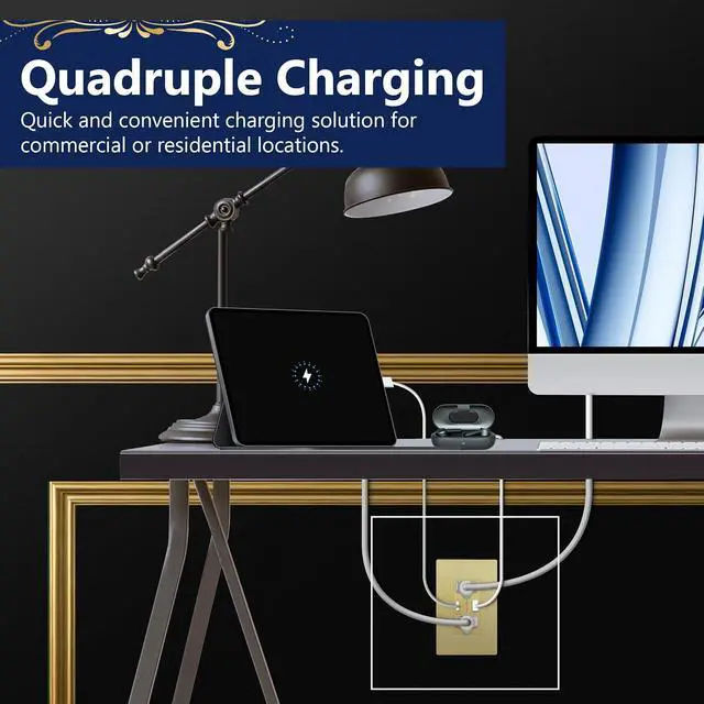 Alt view image 4 of 7 - LIDER USB-C 36W Power Delivery Wall Outlet, Duplex Tamper-Resistant Receptacle with USB Type-C/USB Type-A Charging Ports, Modern, UL Listed, Screwless Wall Plate Included, Brushed Gold
