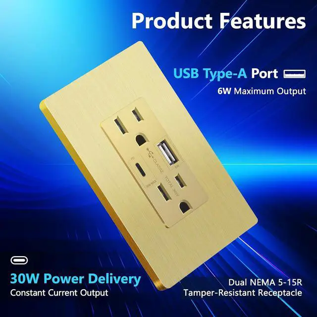 Alt view image 2 of 7 - LIDER USB-C 36W Power Delivery Wall Outlet, Duplex Tamper-Resistant Receptacle with USB Type-C/USB Type-A Charging Ports, Modern, UL Listed, Screwless Wall Plate Included, Brushed Gold