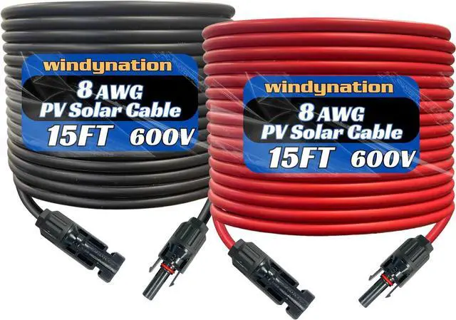 Main image of WindyNation 8 AWG 8 Gauge 1 Pair 15 Feet Black + 15 Feet Red Solar Panel Extension Cable Wire