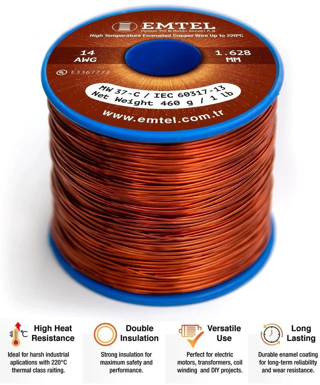 Alt view image 2 of 7 - Emtel 14 AWG - 1 lb (80 feet) Magnet Wire - Enameled Copper Wire for Electrical Motor Transformer Magnetic Coil 220°C (428°F) Thermal Class - Double Insulated Winding Wire