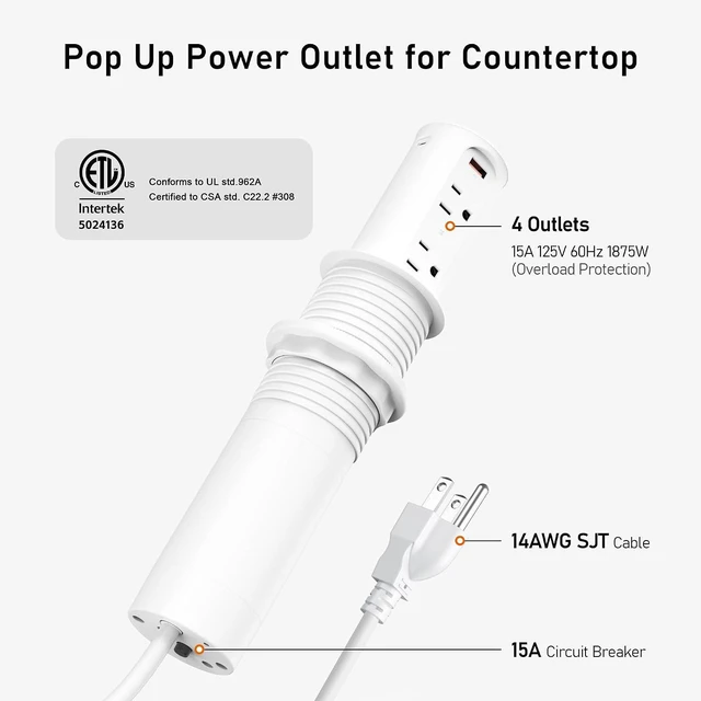 Alt view image 6 of 7 - Pop Up Outlet for Countertop 2.5-Inch,Recessed Power Strip,20W USB C,4 Outlets,Space Saver for Kitchen,Office Desk,Tamper Resistant Receptacle,ETL Listed (White)