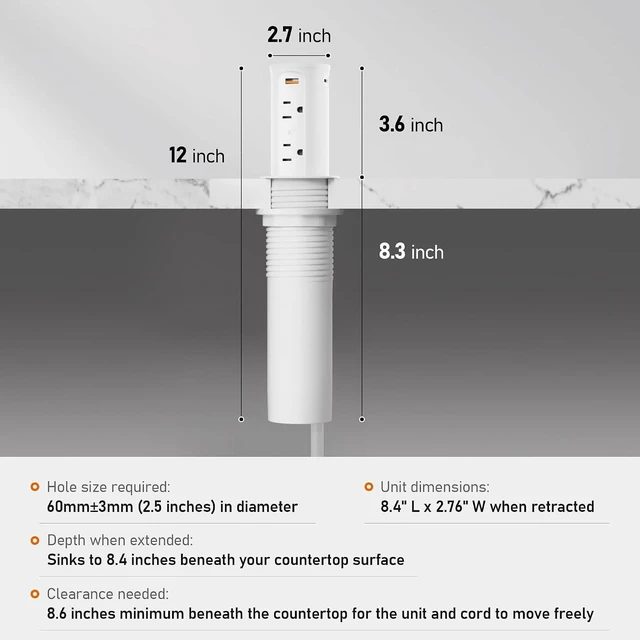 Alt view image 7 of 7 - Pop Up Outlet for Countertop 2.5-Inch,Recessed Power Strip,20W USB C,4 Outlets,Space Saver for Kitchen,Office Desk,Tamper Resistant Receptacle,ETL Listed (White)