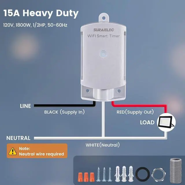 Alt view image 5 of 7 - SURAIELEC 15 AMP WiFi Smart Timer Switch for Outdoor Electrical Boxes, 120V WiFi Pool Timer, for Waterproof Outlet Junction Box, Pool Light, Driveway Lighting, Security System, Holiday Decorations