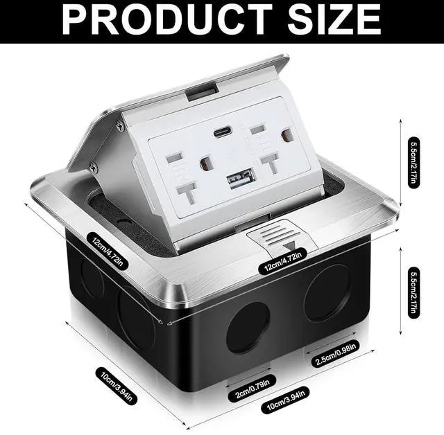 Main image of 2 Pack Pop-up Floor Power Outlet Box,Waterproof Electrical Outlet Covcer Box,Hidden 4.8A USB+20A Tamper-Resistant Receptacle Outlet Receptacle Box for Countertop Home Office (Silver)