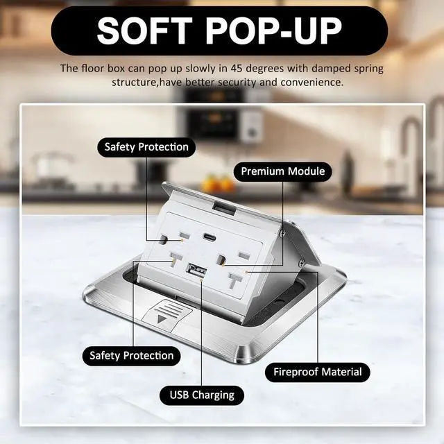 Alt view image 2 of 6 - 2 Pack Pop-up Floor Power Outlet Box,Waterproof Electrical Outlet Covcer Box,Hidden 4.8A USB+20A Tamper-Resistant Receptacle Outlet Receptacle Box for Countertop Home Office (Silver)