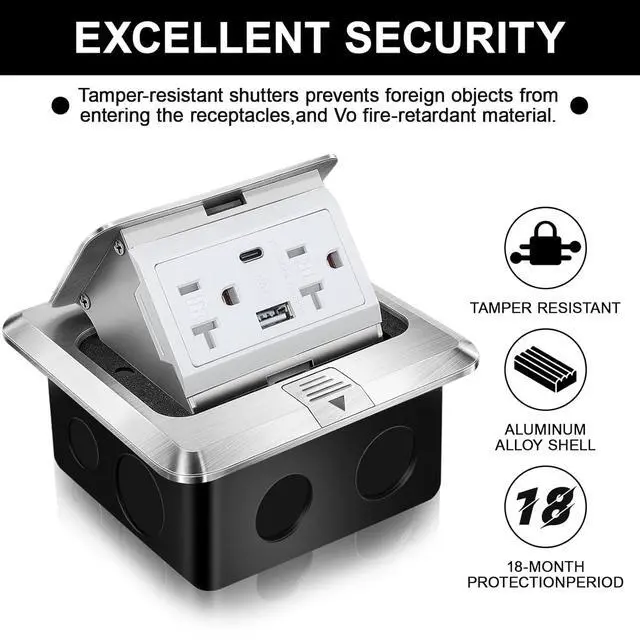 Alt view image 3 of 6 - 2 Pack Pop-up Floor Power Outlet Box,Waterproof Electrical Outlet Covcer Box,Hidden 4.8A USB+20A Tamper-Resistant Receptacle Outlet Receptacle Box for Countertop Home Office (Silver)