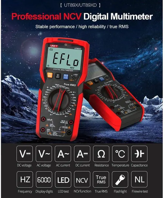 Alt view image 2 of 7 - UNI-T UT89XD Digital multimeter,Voltmeter 6000 Counts,1000V 20A DC AC Voltage Current Meter, Resistance,Capacitance,Duty Cycle,FrequencyTester,with Transistor,Diode,NCV LED Measure